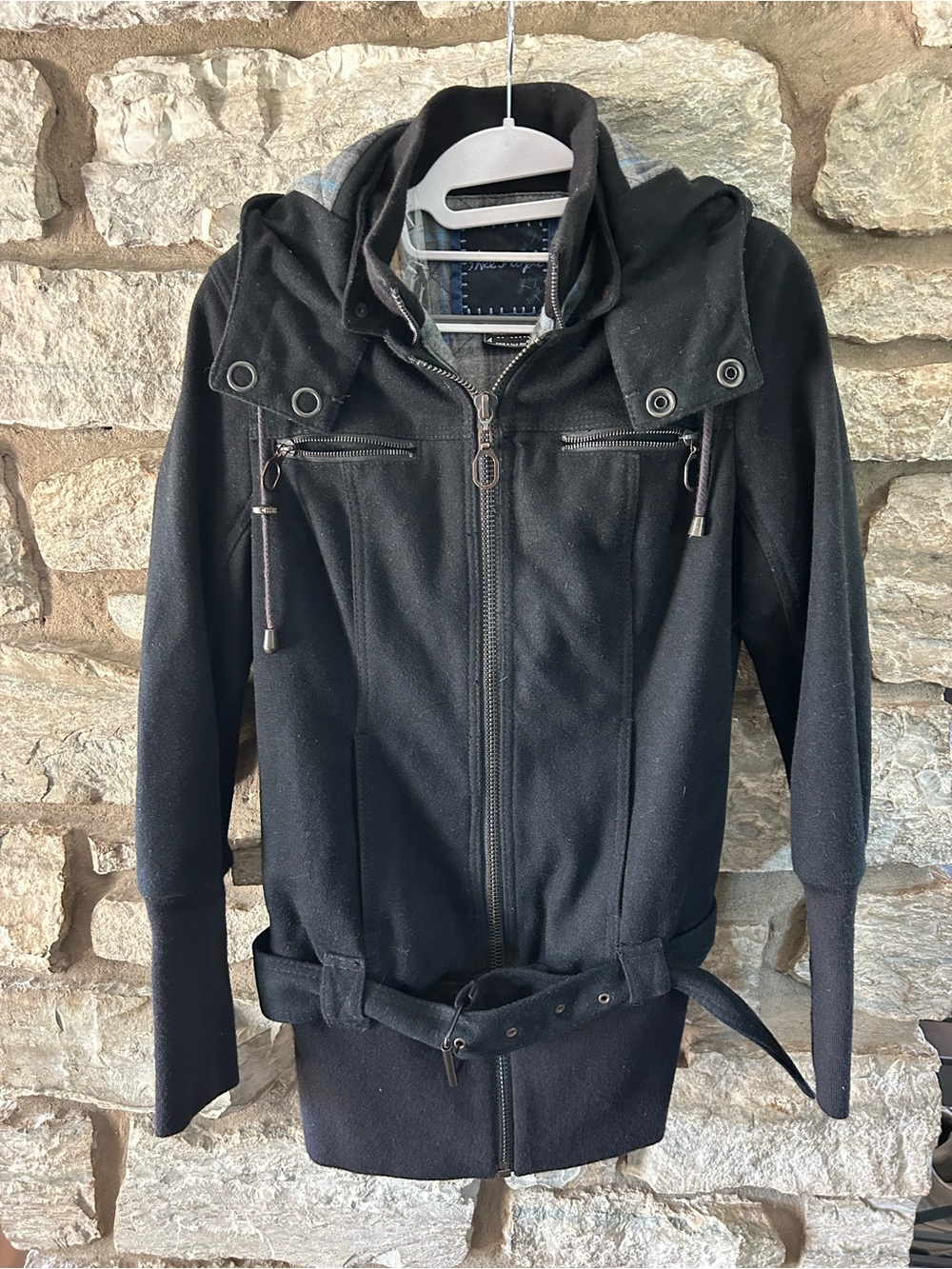 Free People Wool Blend Black Hooded Belted Pea Coat